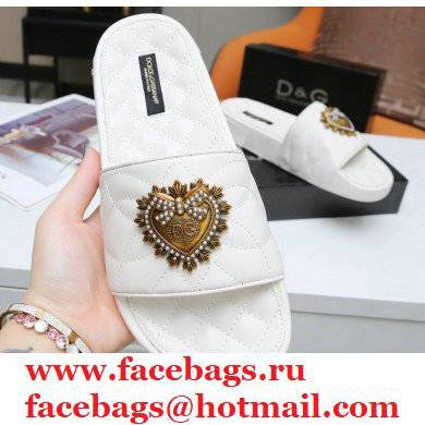 Dolce & Gabbana Matelasse Leather Beachwear Sliders White with Devotion Heart 2021
